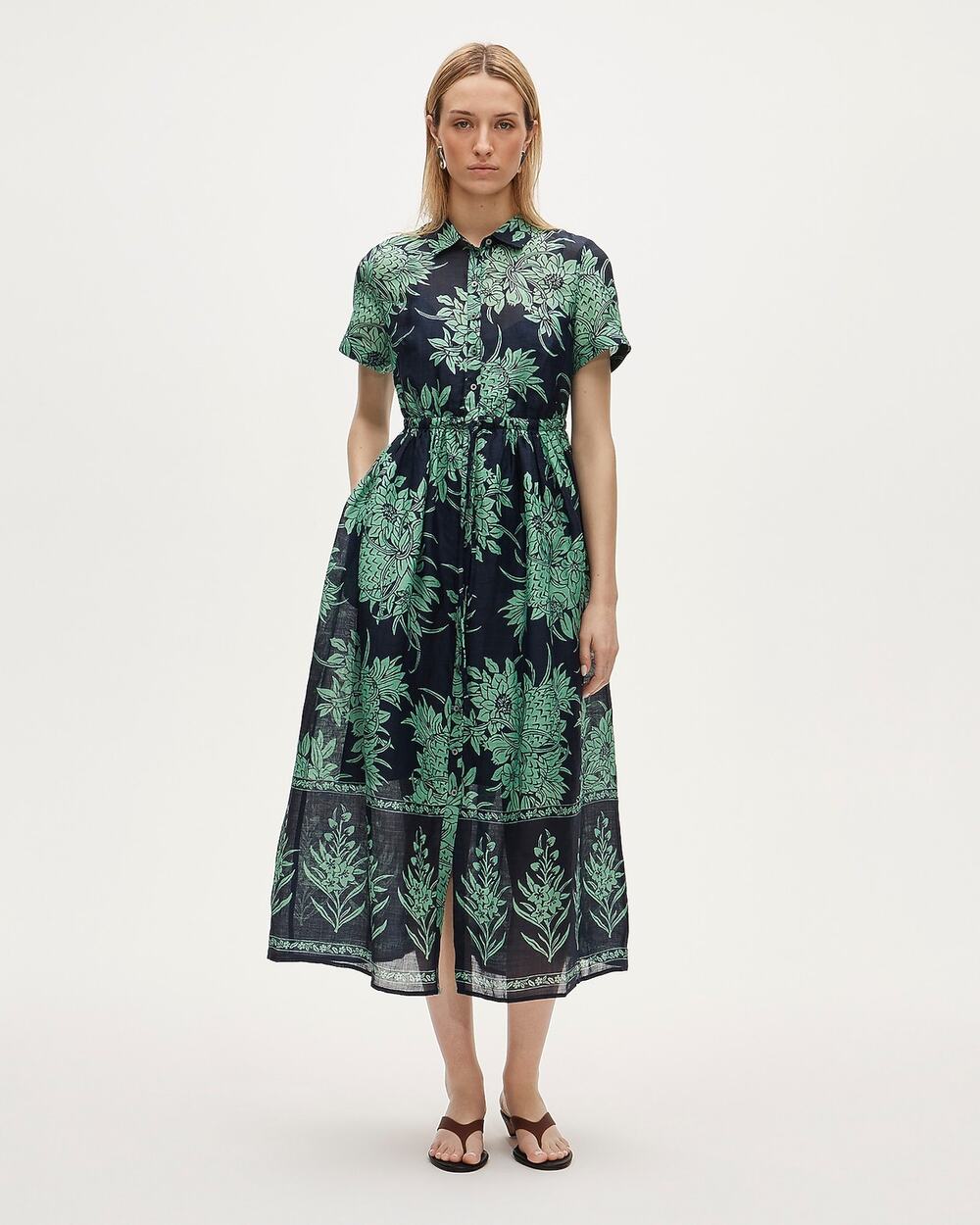 J.Crew Cerise Navy Matcha Shirt Dress Pineapple Garden Print Ramie Resort P4